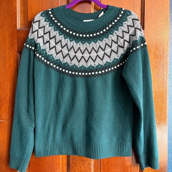 Weatherproof Sweaters - Weatherproof Forest Green Fair Isle Yoke Crewneck Sweater